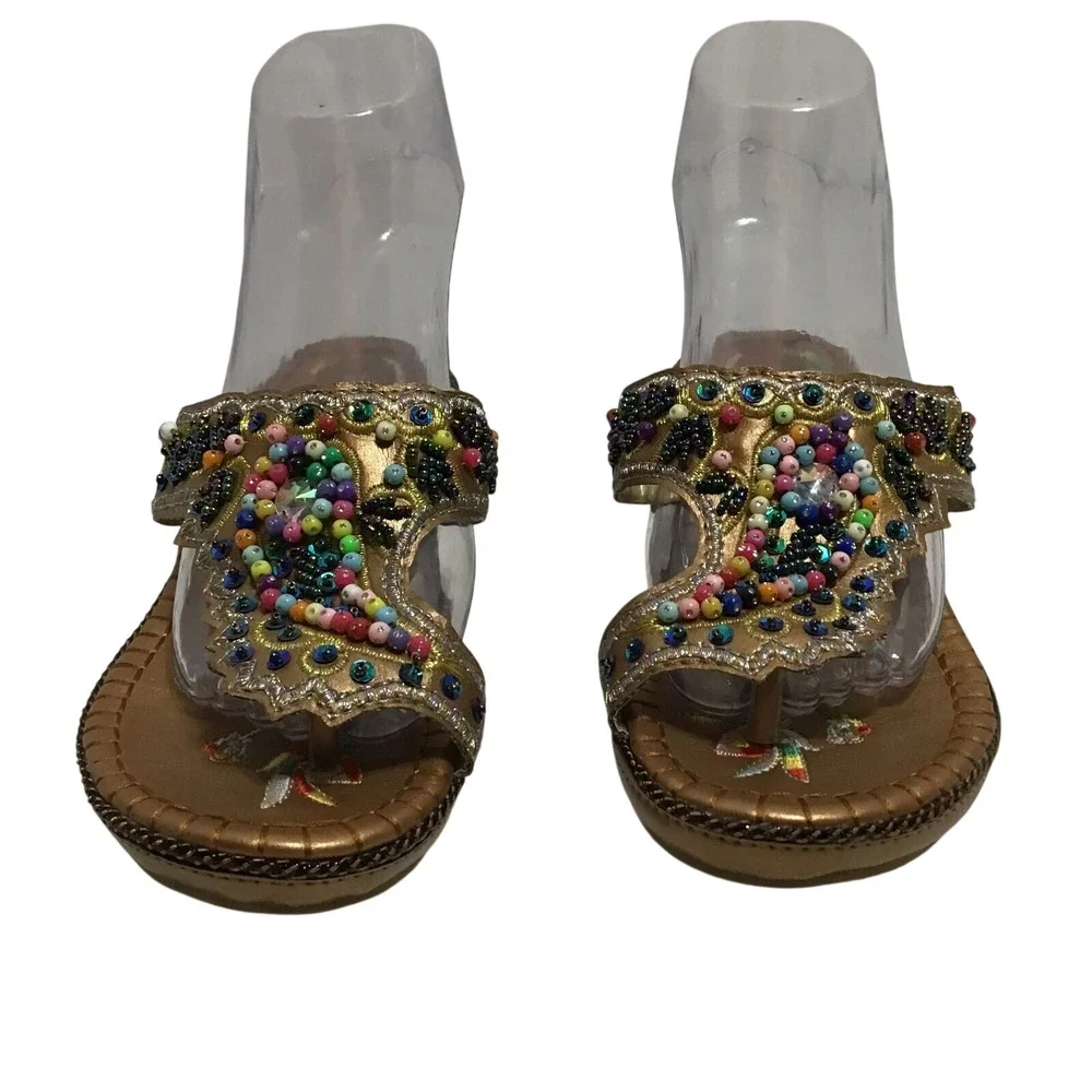 John Fashion Bronze Beaded Wedge Sandal Boho T-Strap Flip Flop Multi Color Beads
